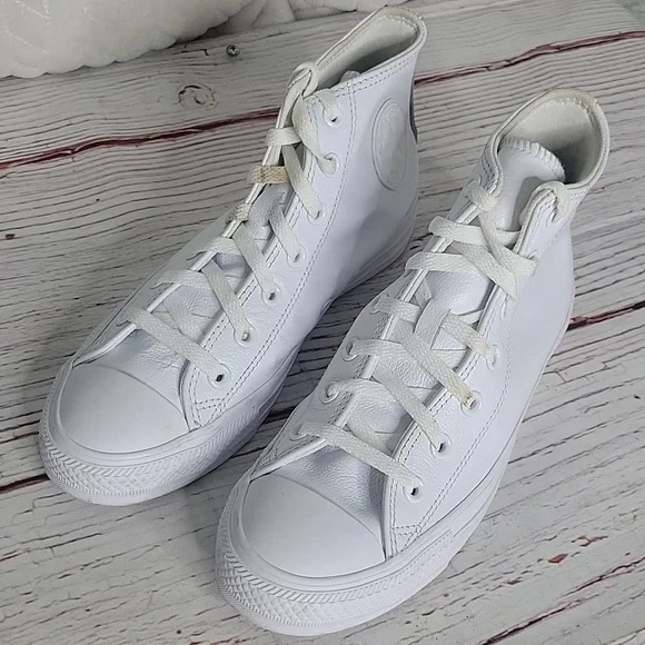 Converse All Star White Leather High Top Sneakers Women's Size 8 - Picture 8 of 11